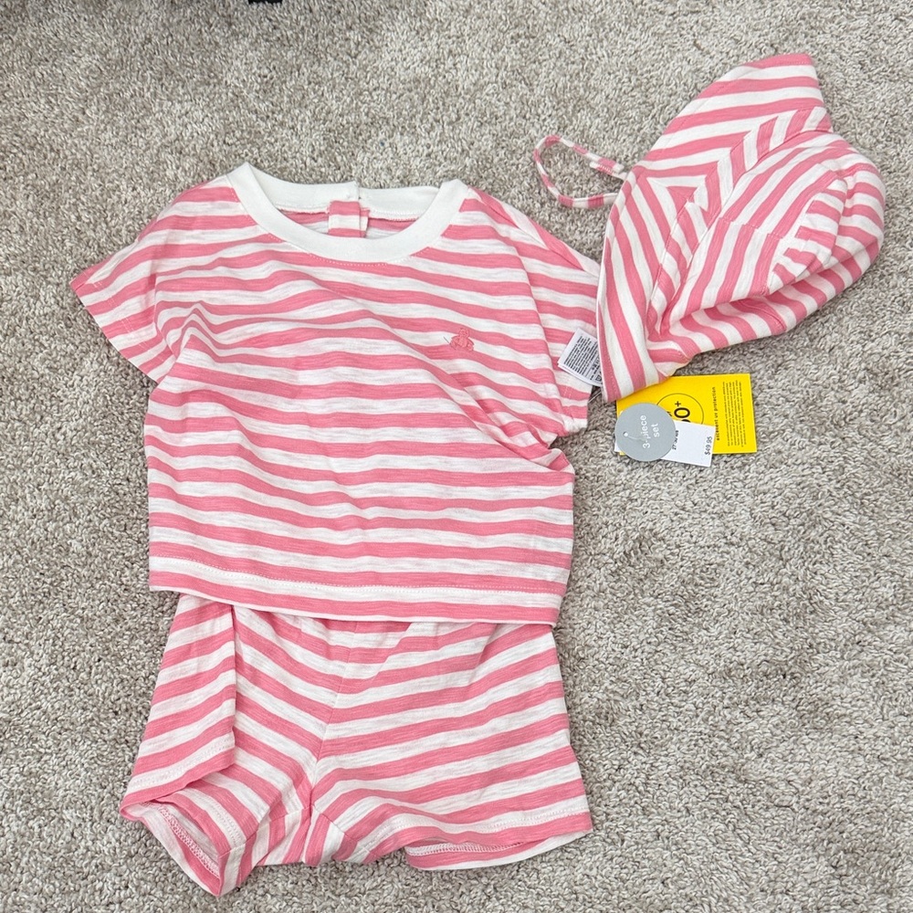 Pink & White Striped Toddler Two-Piece Set with Matching Hat